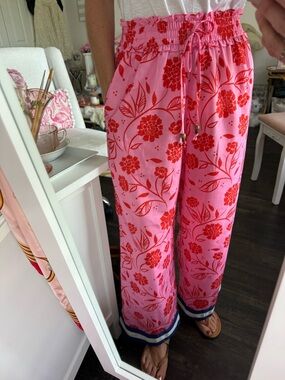 THML red and pink floral high waist pants with blue white trim